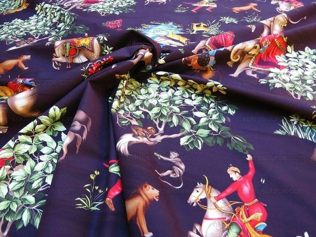 By yard Scalamandre Shah Jahan Chocolate Brown Lion Elephant Monkey Print Hunting India Mughal Emperor MSRP USD 332Y