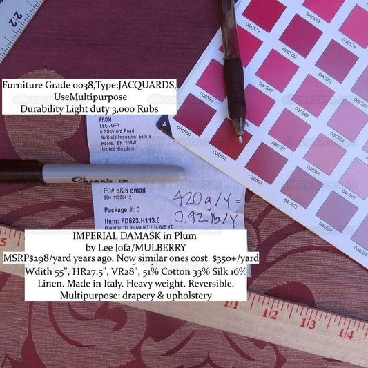 By Yd Lee Jofa Imperial Damask In Plum Neo-classic Purple Red Cotton Silk Medallion Renaissance MSRP USD 298/Y