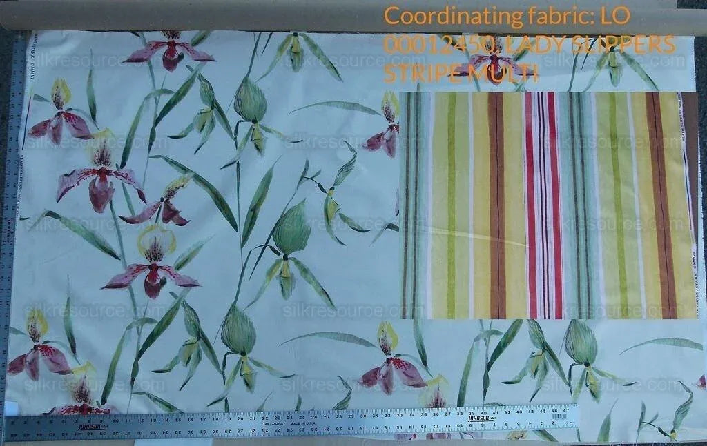 Scalamandre Grey Watkins Lady Slippers Stripe Multi Pink Green Yellow Print MSRP USD 236/yard