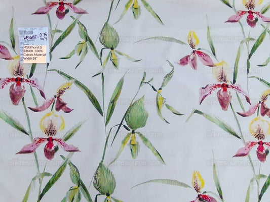 Scalamandre Lady Slippers Grey Watkins Cream Print Orchid Cotton Tropical MSRP USD 236/Y