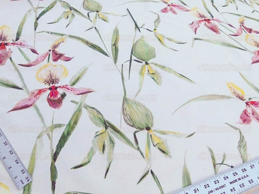 Scalamandre Lady Slippers Grey Watkins Cream Print Orchid Cotton Tropical MSRP USD 236/Y