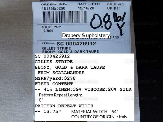 0.4Y Scalamandre Gilles Stripe Ebony Gold & Dark Taupe Classy Silk Linen Jacquard Heavy Stripe MSRP278/y