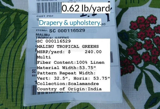 Scalamandre Malibu Tropical Greens Red White Tropical Linen Foliage Palm Floral MSRP USD 240/y