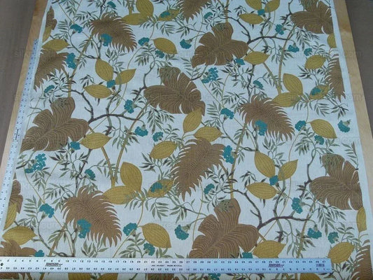 Scalamandre Malibu Turquoise Natural Blue White Tropical Linen Foliage Palm Floral MSRP USD 240/y