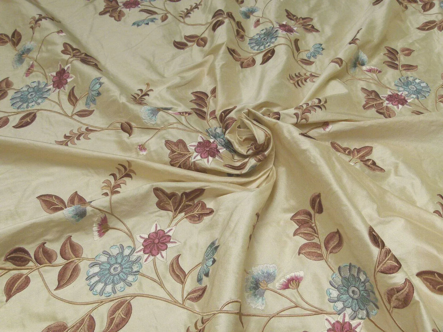 By Yd Gp&j Baker Menotti Taupe/blue 100% Silk Embroidered Flora Vine Art Nouveau MSRP USD 268/y