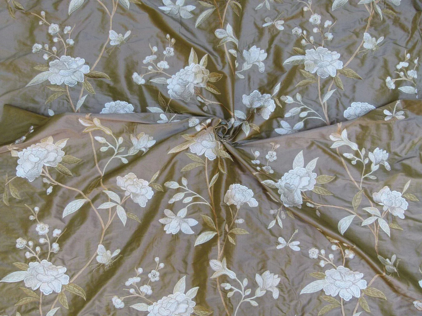 By Yard GP & J Baker Peony & Blossom Silk Embroidered Bronze Cream Butterfly MSRP USD 396/Y