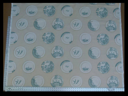 Kravet Lee Jofa Porcelain In Aqua Blue White Blue Willow Plates 100% Cotton Toile Chinoiserie Bird Boat Bridge MSRP USD98
