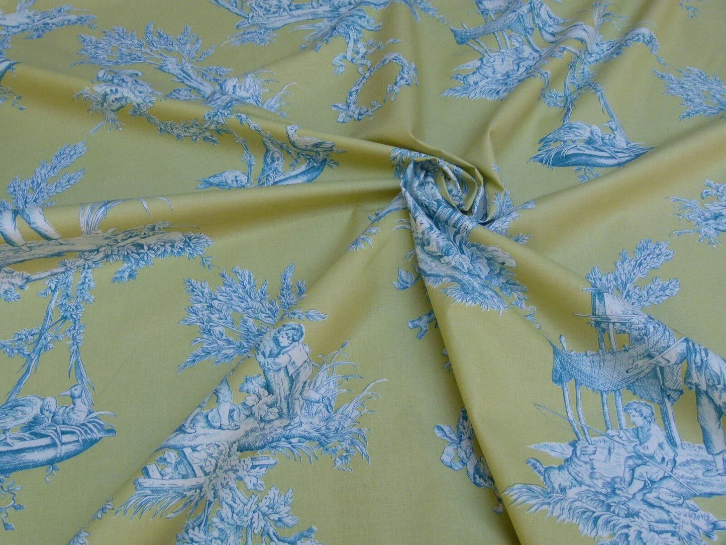 Bty Brunschwig & Fils Matin D'ete French Toile Country Bird Cow Summer Morning Lime Aqua Blue Yellow Cotton MSRP USD250/y