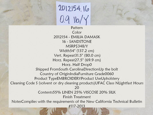 Lee Jofa Emilia Damask Color: 16-sandstone Silk Linen Embroidery MSRP USD348/y