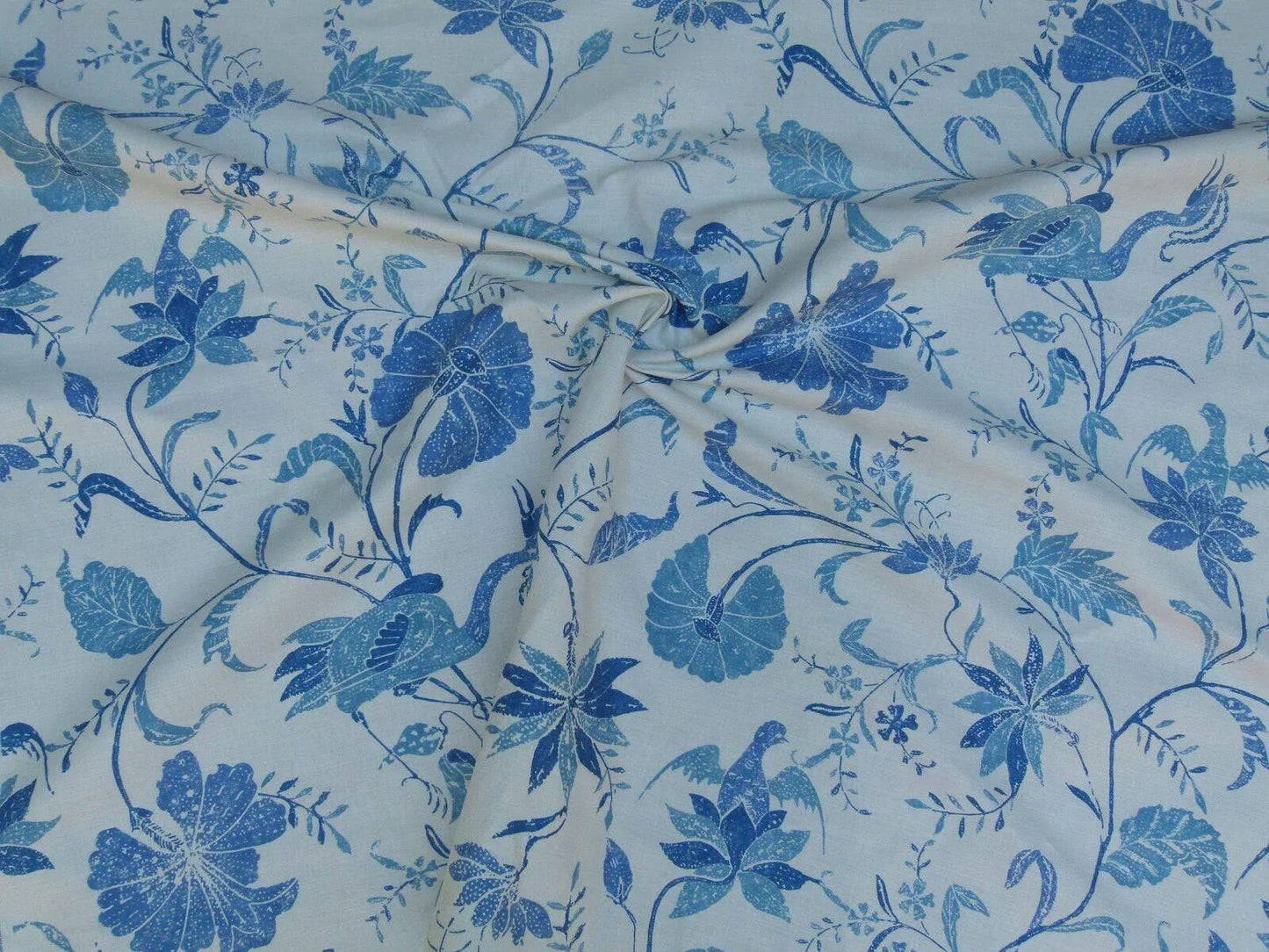 1.75yd Brunschwig & Fils Batik Pacific Blue Bird Print Linen