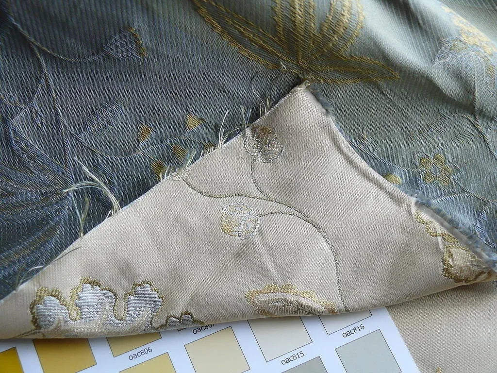 Heavy100%silk Lampas Myth Garden Flower Blue On Beige Bty Sku97