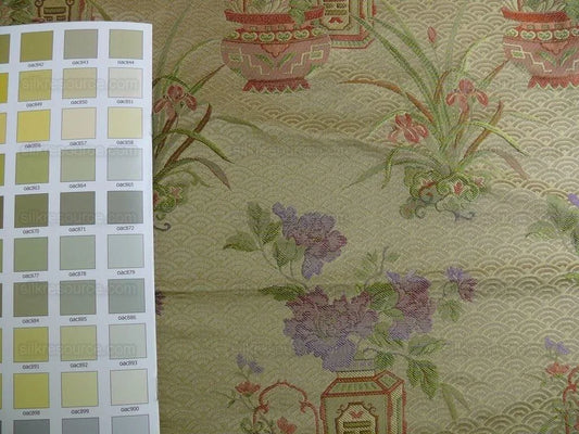 100%silk Chinoisery "carnation"gold Peony Basket Vase Green Purple