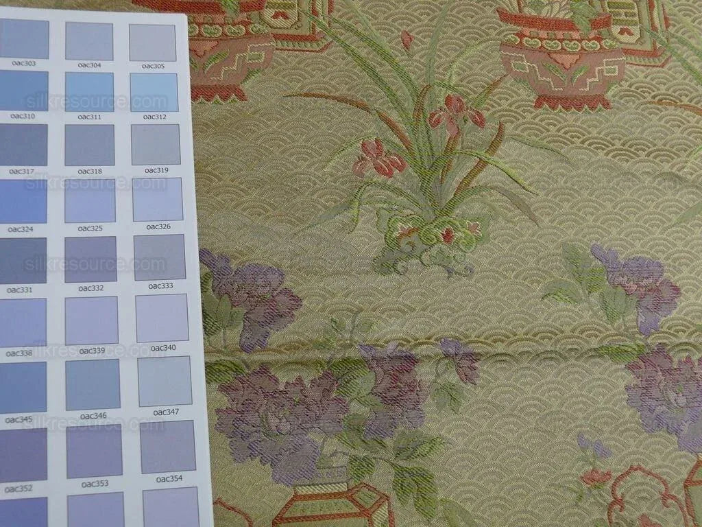 100%silk Chinoisery "carnation"gold Peony Basket Vase Green Purple