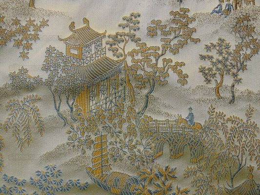 by yard 100% Silk Lampas Empire Chinoiserie Pavillion Blue