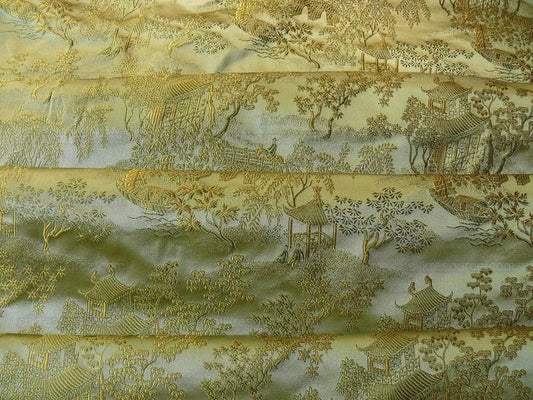 100% SILK LAMPAS LODEN GREEN CHINOISERIE PAVILLION BTY