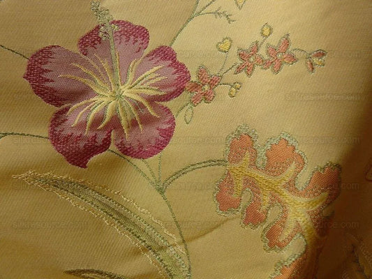 Heavy100%silk Lampas Myth Garden Pink Rose On Yellow Bty Sku97