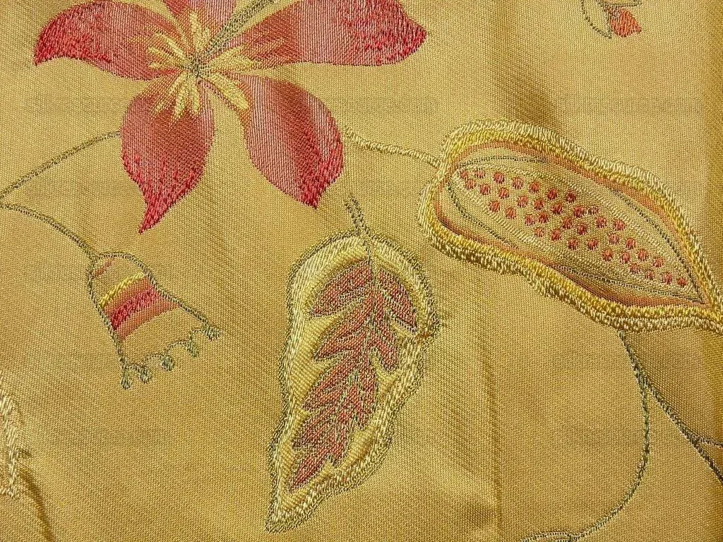 Heavy100%silk Lampas Myth Garden Pink Rose On Yellow Bty Sku97