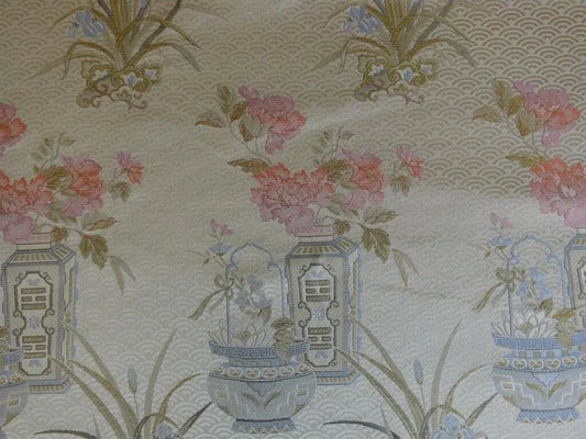 100%SILK CHINOISERY "MONARCH" PEONY BASKET VASE IVORY PINK LITE