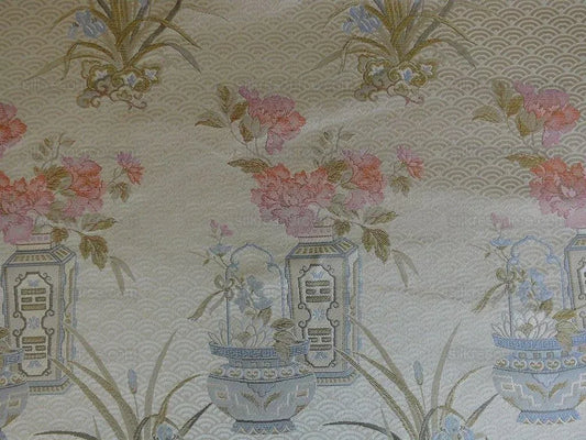 by yard 100% silk Chinoisery "monarch" Peony Basket Vase Ivory Pink Lite
