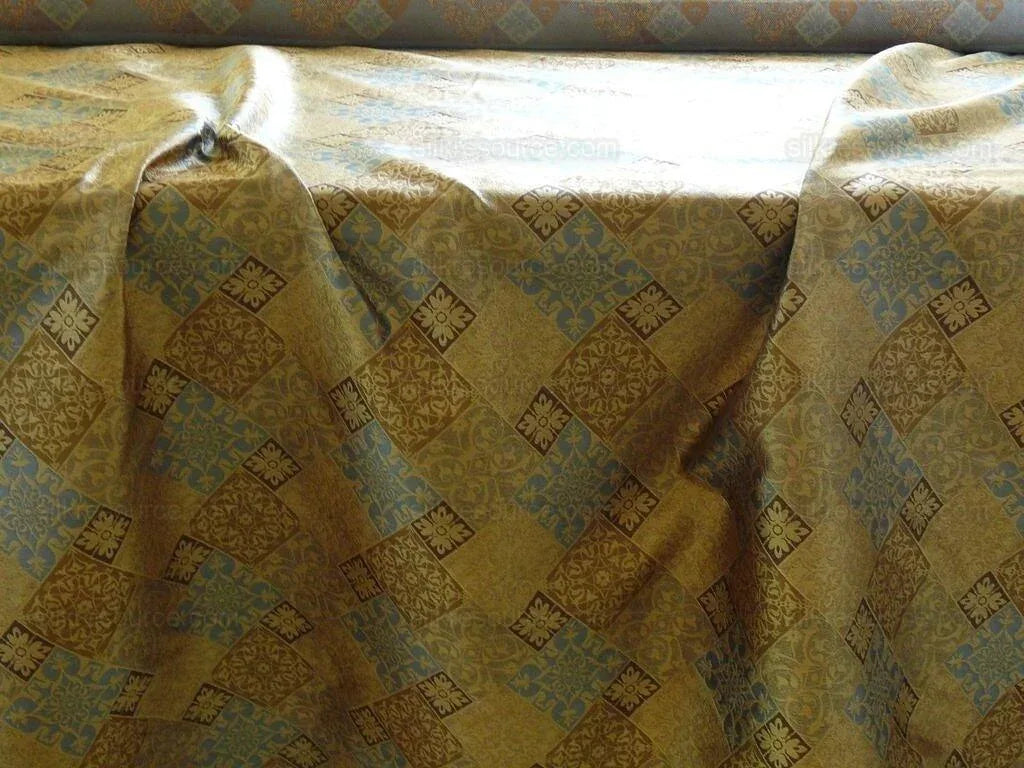 by yard Kravet 100% Silk Lampas Asian Tile "whiskey"blue Gold MSRP USD216/y