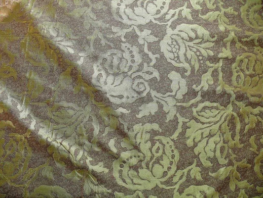 100% SILK JACQUARD PAPERCUT POM FLOWER "GARDEN" GREEN BROWN