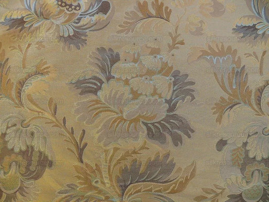 100% SILK LAMPAS FRENCH POMEGRANATE "WHISKEY" BLUE TAN