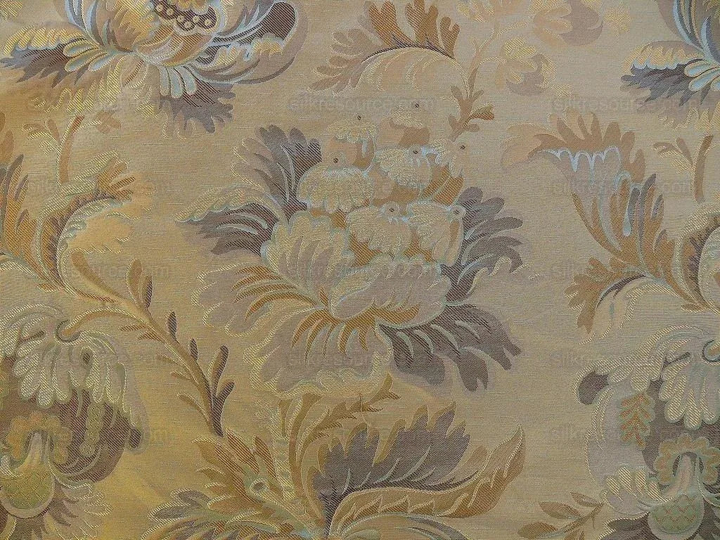 French Pomegranate Whiskey Silk Lampas - Blue Tan Gold