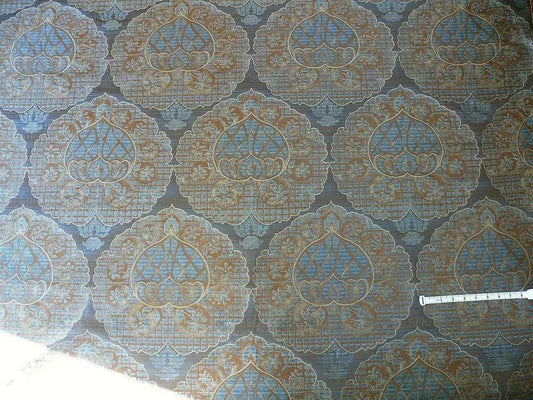 100% SILK LAMPAS AGED METAL LARGE MEDALLION "AZURE" BLUE