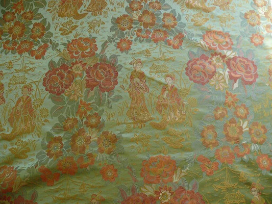 100%SILK LAMPAS MADAME BUTTERFLY "MIDORI" GREEN BLUE