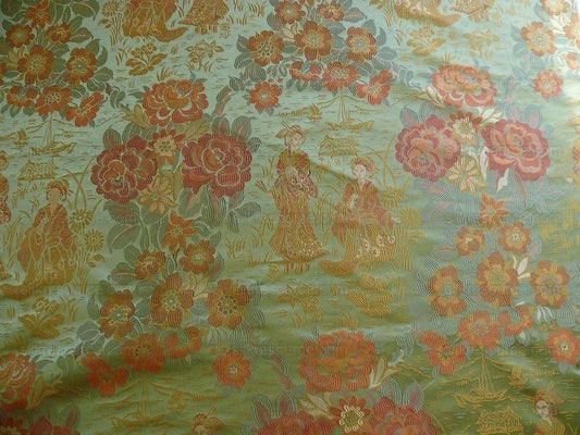 bty 100%silk Lampas Madame Butterfly "midori" Green Blue