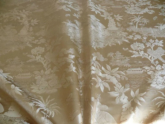 Bty 100% Silk Damask Chinoiserie Music Garden "whitegold"