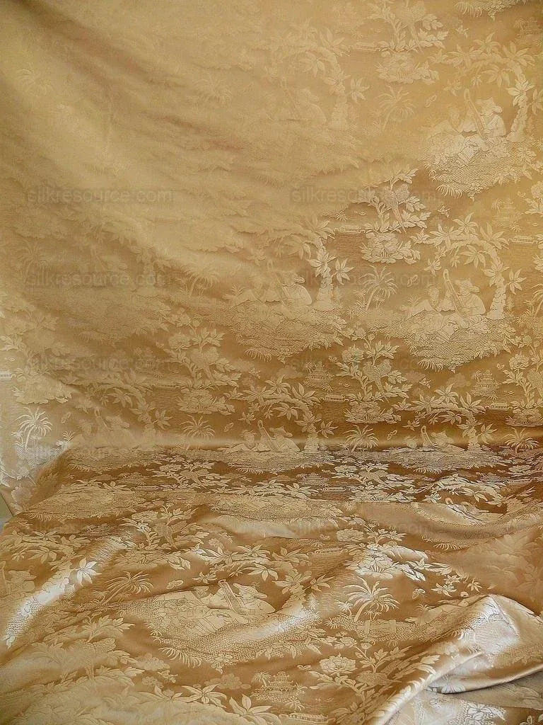Bty 100% Silk Damask Chinoiserie Music Garden "whitegold"