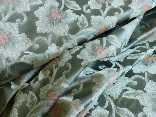 100% SILK LAMPAS TRI-LEAF FLOWER "CELADON" TURQUOISE