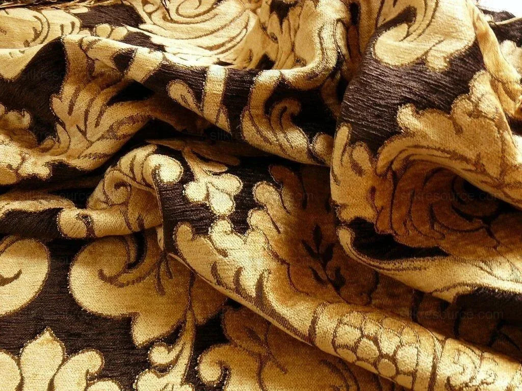 By Yard Grand Medallion Renaissance Damask Chenille Black Espresso/ Copper Gold Heavy Majestic