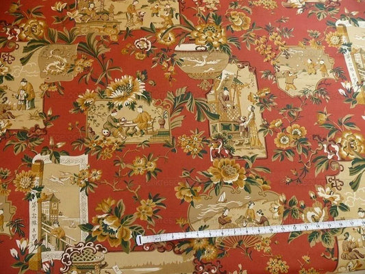 1.25y Lee Jofa Chinois En Medaillons Chinese Scene Lacquer Red Gold Brown MSRP USD176/Y