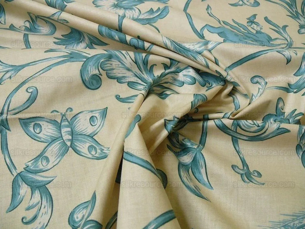 Lee Jofa dambura Print Monkey Griffin Shalima Turquoise Blue Green On Cream Deer Music Toile Cotton Chintz