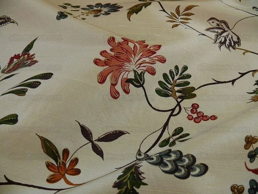 Calimere Silk Print Historical British Silk Print ivory Jasmine Pink Green Ivory Off White