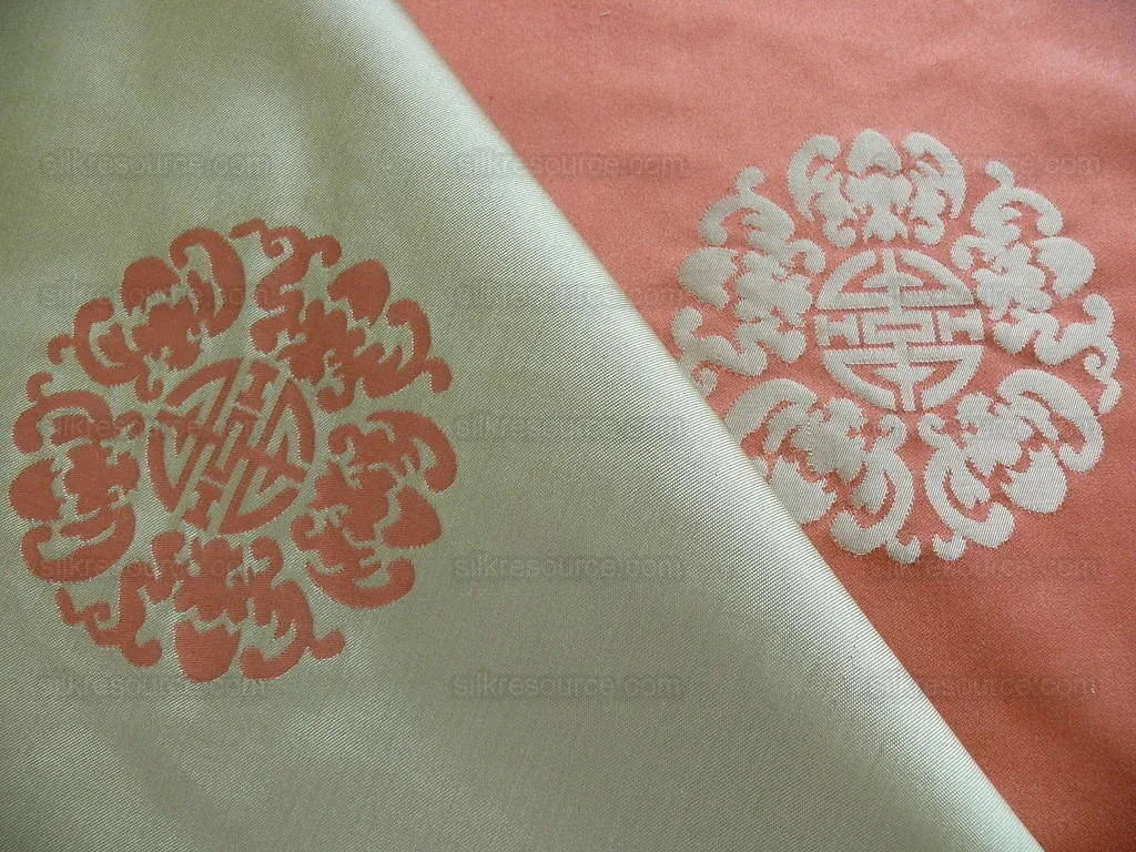 Scalamandre Chinese Disk Coral Red Mint Green Silk Damask Triang