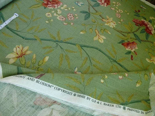Gp & J Baker Lee Jofa Linen Peony & Blossom Leaf Green Red MSRP USD 330/yard