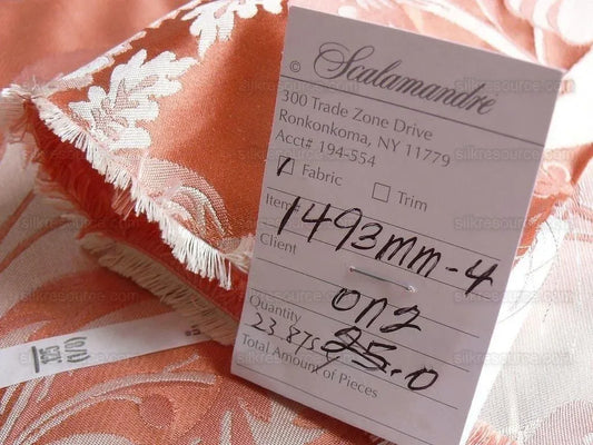 By Yard Scalamandre "NATCHEZ" Silk Lampas in Ripe Peach and Cream Salmon Pink & Off White Silver PineappleWhite 18th C MSRP$1200+/Y