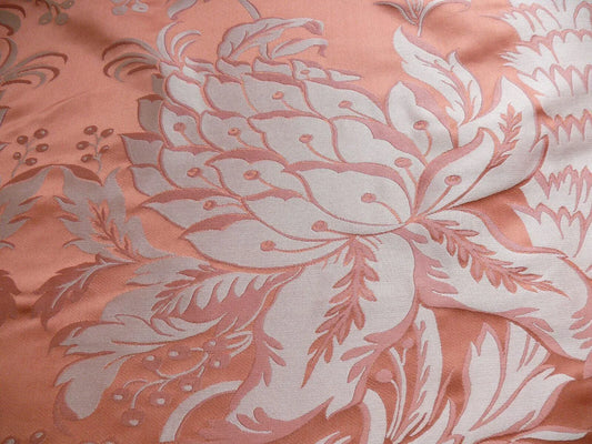 SCALAMANDRE "NATCHEZ" SILK LAMPAS, SALMON PINK & OFF WHITE SILVE