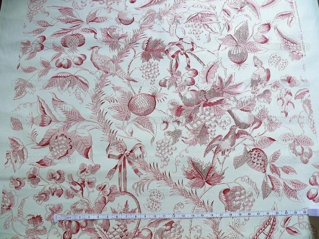 Lee Jofa "buckingham Toile" Scarlet Red And Off White Bird Ribbon Pomegranate Bty