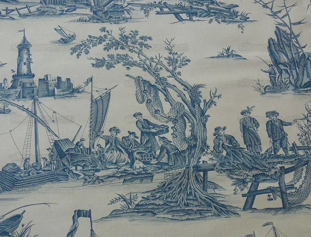Scalamandre Marine Toile de Jouy Chintz Cotton Ships Sea Voyage Fishing Village Print Blue On Cream MSRP USD 228/Y