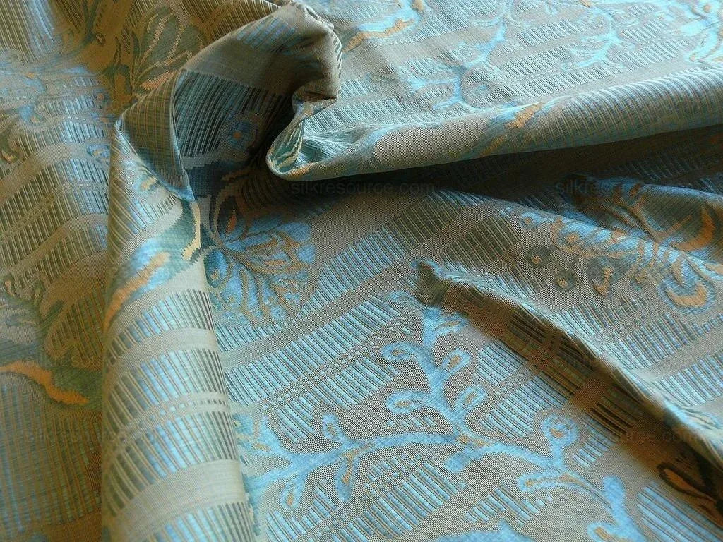 Scalamandre "sabrina Gaufre" Damask French Blue Antique Gold Stripe Silk Bty