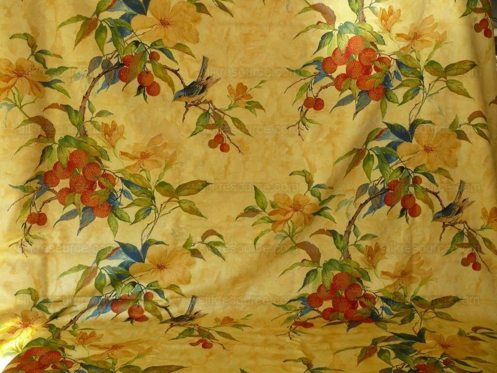 8.875y Exotic Cotton Print Birds & Lychee Fruit Tree Yellow#1144