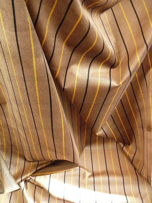 By yard Lee Jofa Figaro Velvet Gold & Dark Brown Stripe On "truffle" Brown Silky Heavy