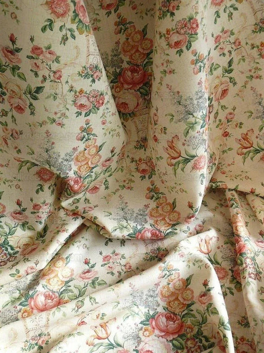 By Yard Lee Jofa Ashurst Peony Tulip Lilac Rose 100% Linen Print on Ecru Handprint English Chintz UK MSRP USD 139/Y