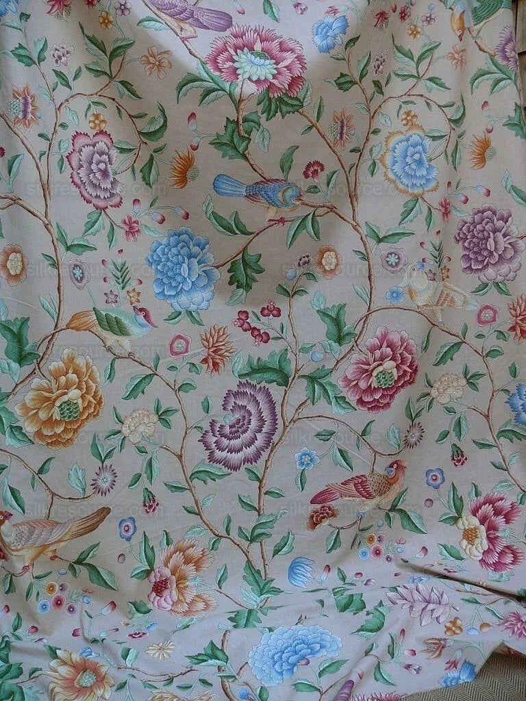 Clarence House Les Oiseaux Enchantes Bird Print Silk Italian Ratti Greige Hand Printed MSRP USD 642/Y