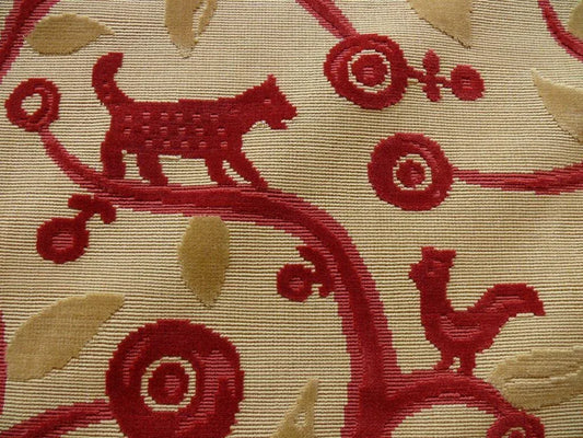 CLARENCE HOUSE La Jungle CUT VELVET DOG ROOSTER BIRDS in Red BTY