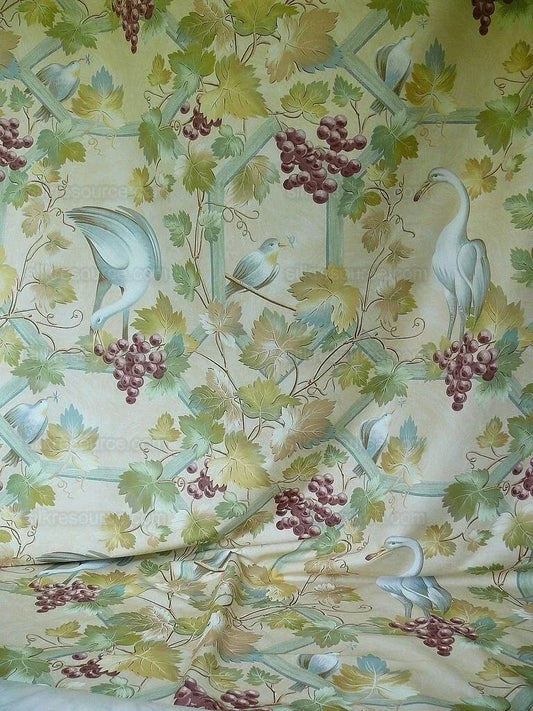 Brunschwig & Fils Affresco Airone Grape Crane Bird Leaves Green Violet On Yellow Viticulture Lattice
